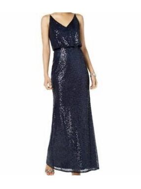 Adrianna Papell Navy Sequin Blouson Maxi Gown